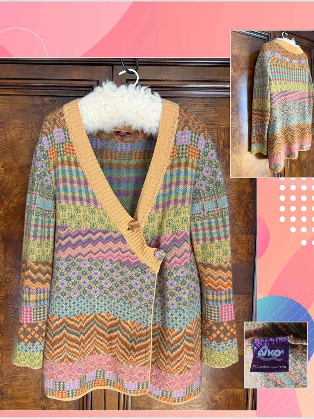IVKO Extrafine Lambswool Patchwork Cardigan Wrap Sweater Boho MultiColor M Flaws